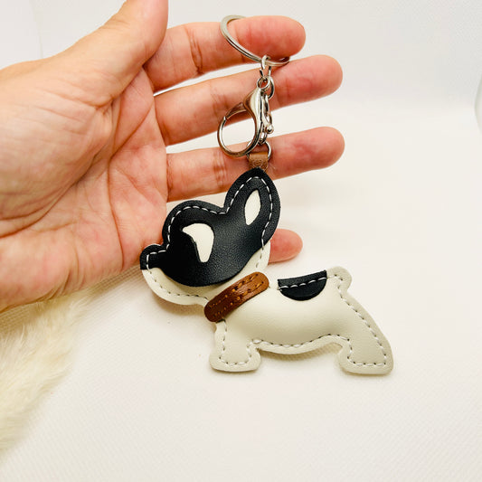 French Bulldog keychain. Black and white dog with strap and carabiner.