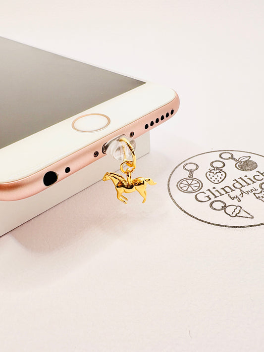 Goldenes Pferd Mini Charm. Symbol für Freiheit und Eleganz am Smartphone