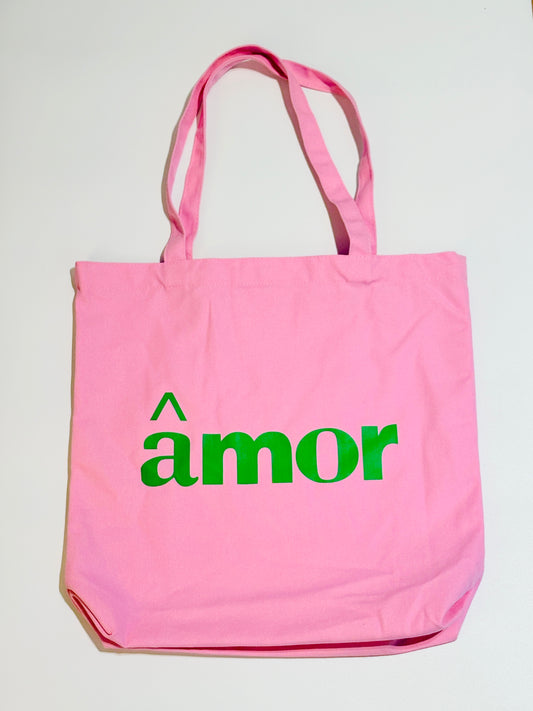 Tote Bag Amor in Pink mit grüner Typografie. Statement für Liebe und Leichtigkeit