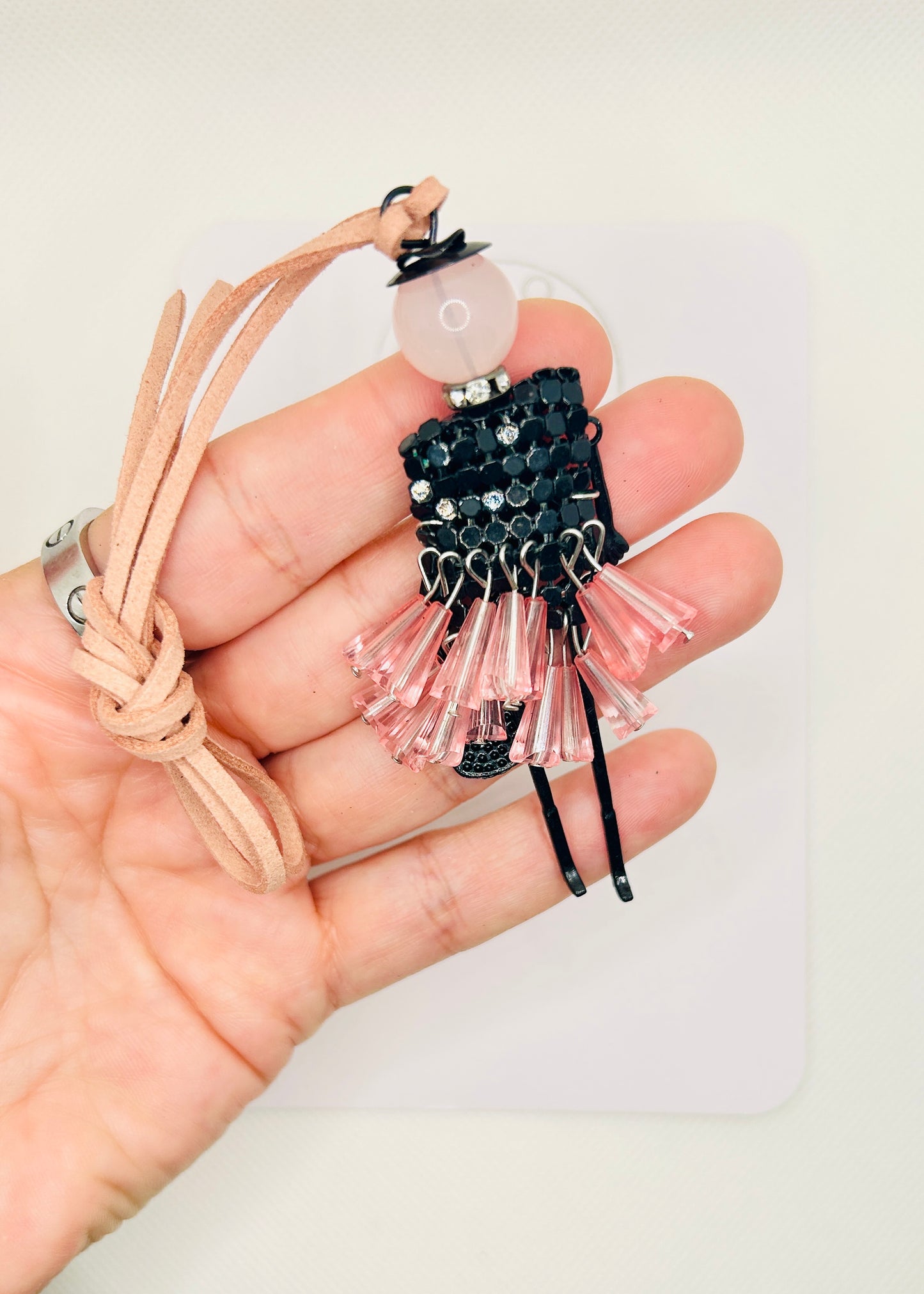 Bag charm: Doll with a beaded skirt. Charm in pink and red. For a bag or backpack. Gift for women.