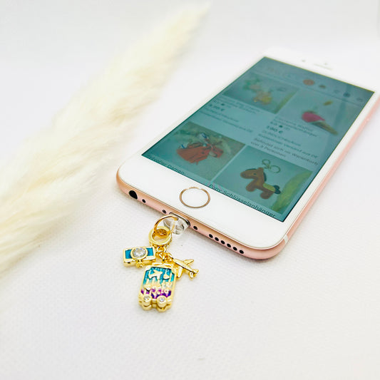 Reise Handy Charm Kamera & Flugzeug. Vergoldeter Edelstahl-Anhänger mit Zirkonia für Travel-Lovers