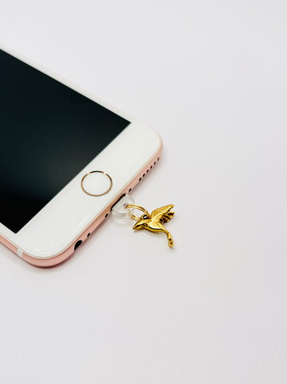 Vogel Mini Charm von GLINDLICHbyAnni, goldfarbener Handy-Charm mit Kolibri-Motiv aus Edelstahl