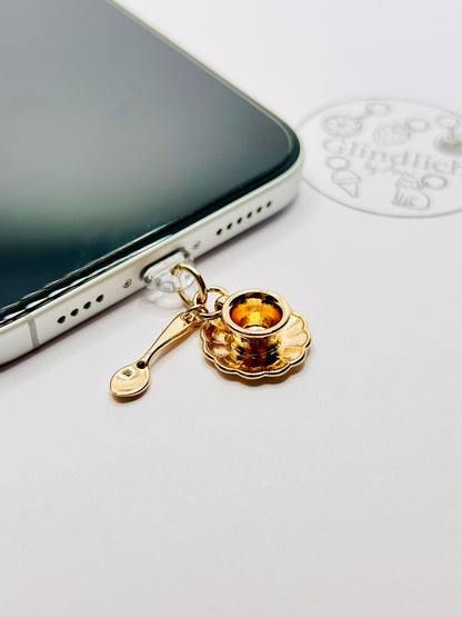 Stainless steel coffee cup and spoon charm. Minimalist accessory for smartphones and cases.
