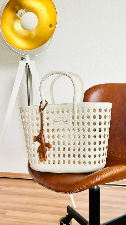 Teddy Taschenanhänger aus Kunstleder für Tasche Schlüssel und Rucksack in rosa, braun und Türkis