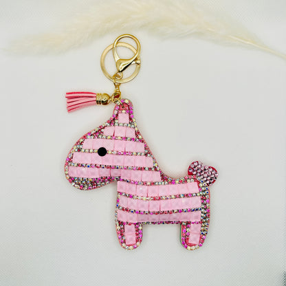 Porte-clés poney en strass. Breloque scintillante pour sac avec pompon et breloque.