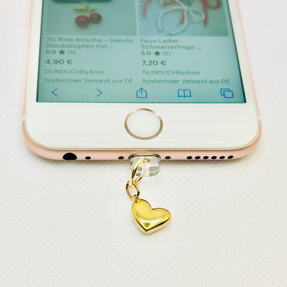 Vergoldeter Herz Charm USB-C oder Lightning. Minimalistisches Accessoire aus Edelstahl für Smartphone & Case
