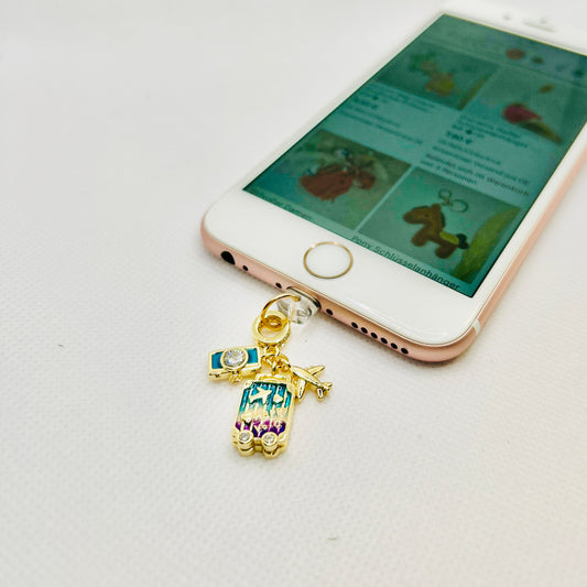 Reise Handy Charm Kamera & Flugzeug. Vergoldeter Edelstahl-Anhänger mit Zirkonia für Travel-Lovers
