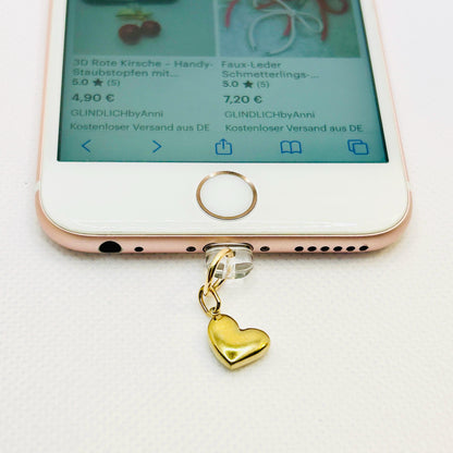 Vergoldeter Herz Charm USB-C oder Lightning. Minimalistisches Accessoire aus Edelstahl für Smartphone & Case