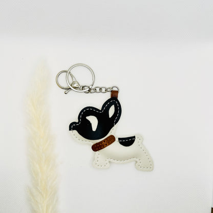 French Bulldog keychain. Black and white dog with strap and carabiner.