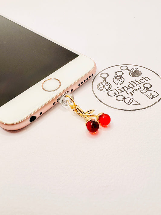 Rote Kirschen Charm mit goldenen Blättern. Charm Anhänger für ein verspieltes Design