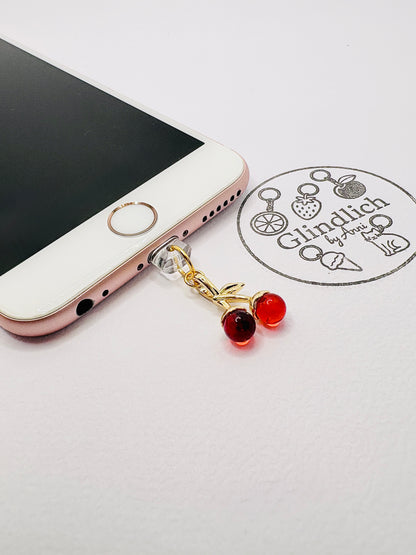 Rote Kirschen Charm mit goldenen Blättern. Charm Anhänger für ein verspieltes Design