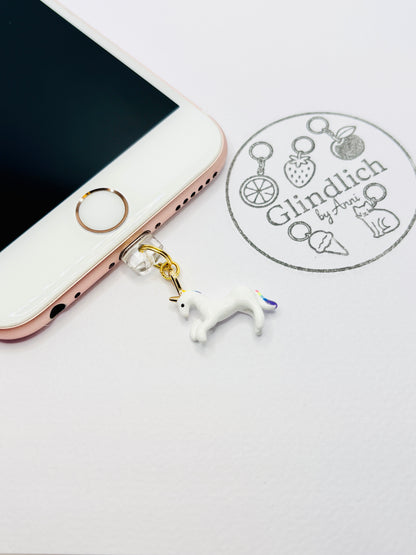 Einhorn Mini Charm in Weiß mit Regenbogen-Mähne. Magischer Style für dein Smartphone