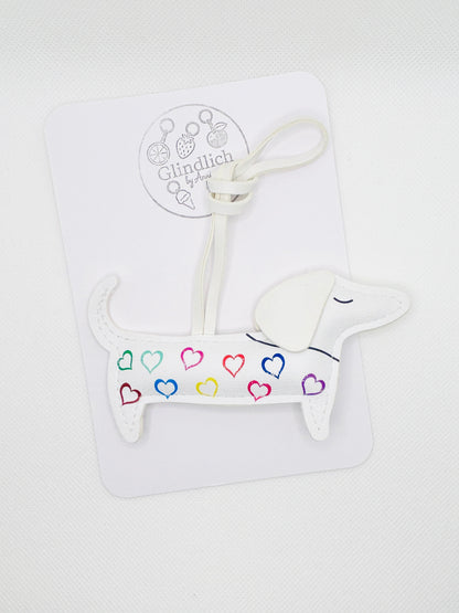 Dackel Schlüsselanhänger. Herzmuster Taschenanhänger. Kunstleder Bag Charm. Geschenk Hundeliebhaber. Bunter Rucksackanhänger Damen