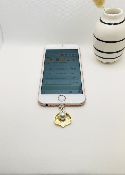 Handy Charm Gold mit Perle. Smartphone Anhänger Staubschutz Schmuck Accessoire