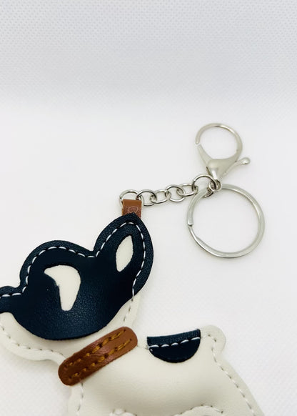 French Bulldog keychain. Black and white dog with strap and carabiner.